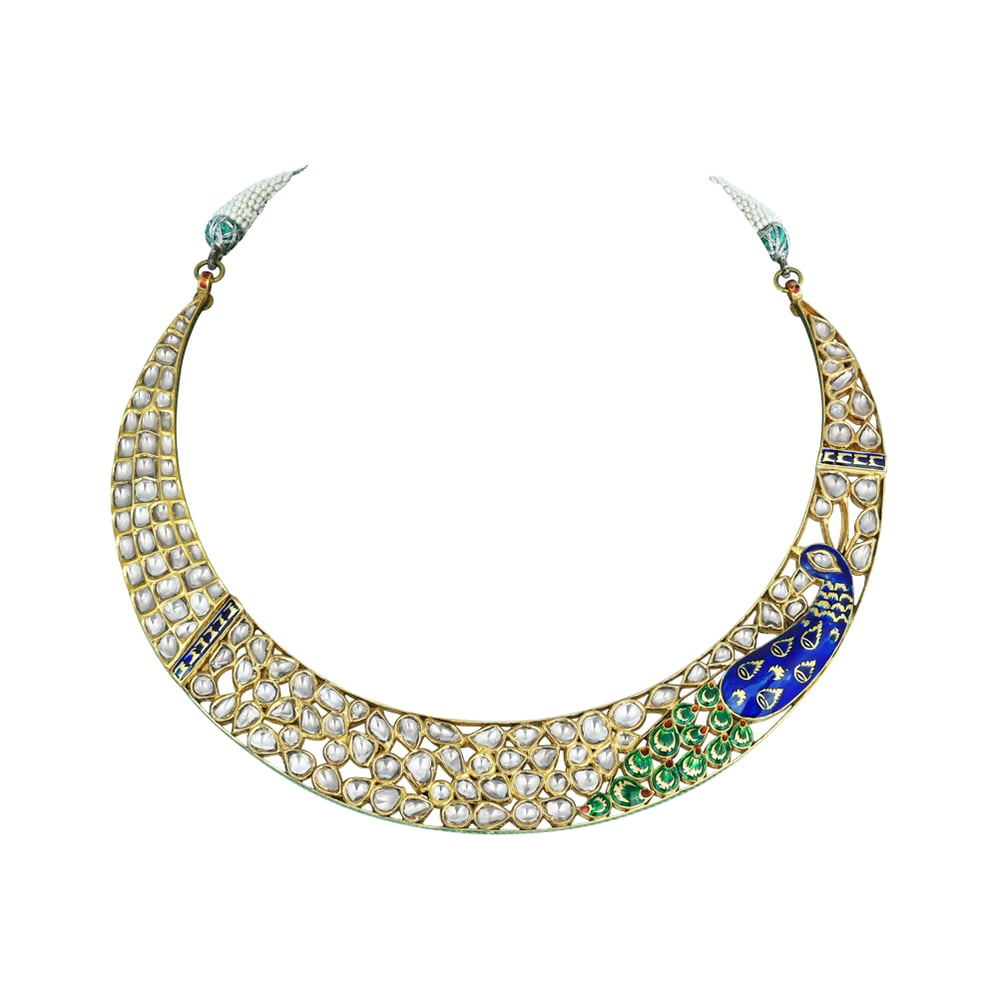 Peacock Motif Polki Hasli with Blue-Green Enamel